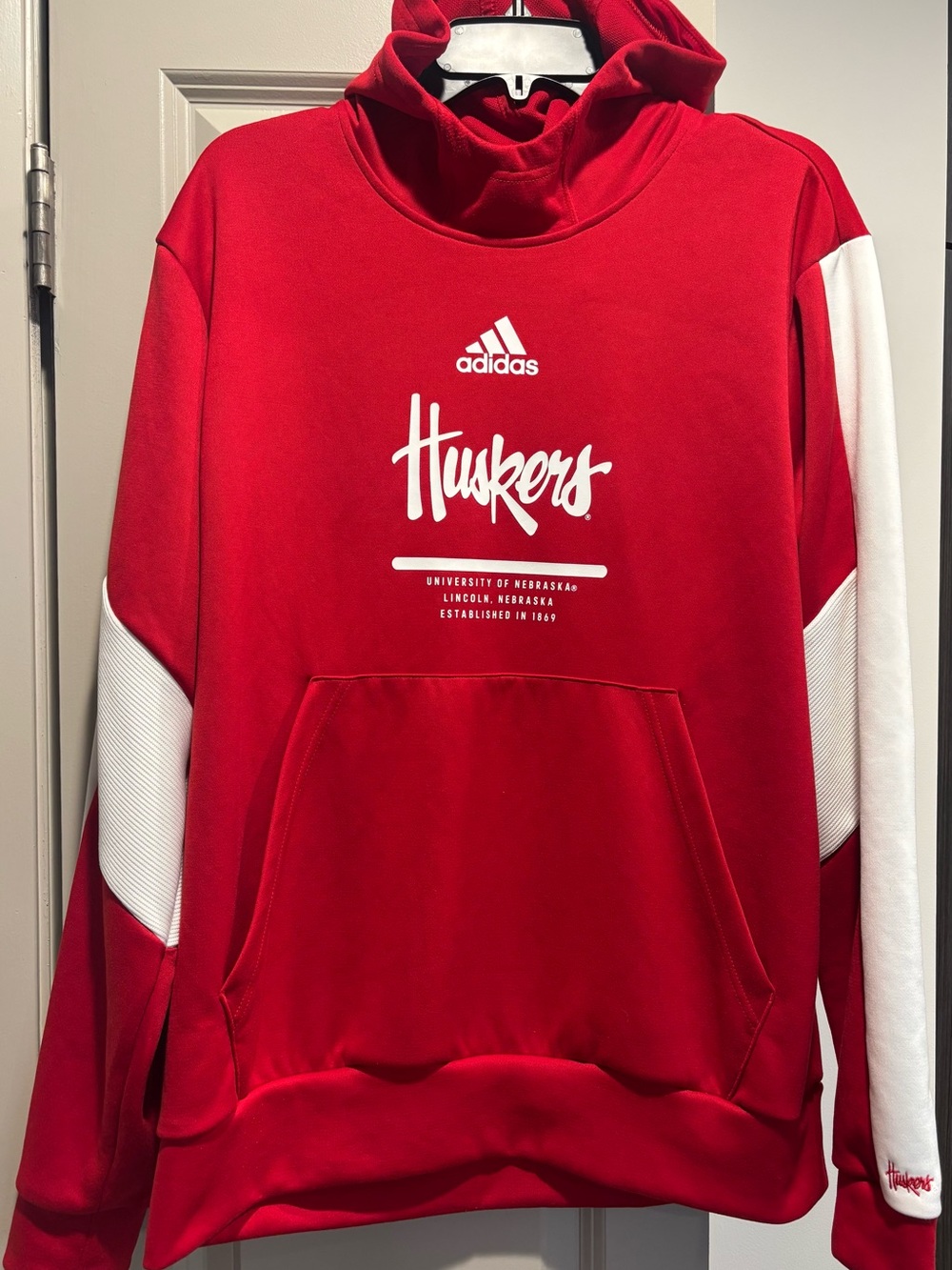 adidas Men’s Red Huskers Pullover Hoodie with White Logo, Size Large